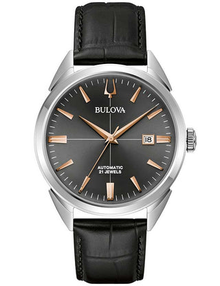 Front view of Bulova Sutton Automatic 96B422 Black Leather Unisex Watch on white background