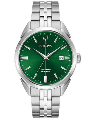 Front view of Bulova Sutton Automatic 96B424 Green Dial Silver Stainless Steel Unisex Watch on white background