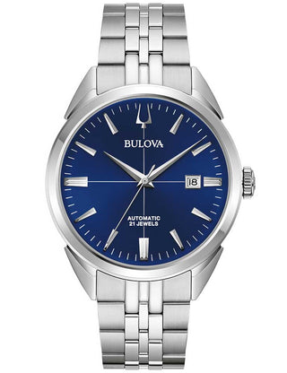 Front view of Bulova Sutton Automatic 96B425 Blue Dial Silver Stainless Steel Unisex Watch on white background