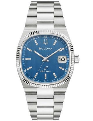 Angle shot of Bulova 96B440 Blue Dial Silver Stainless Steel Unisex Watch on white background