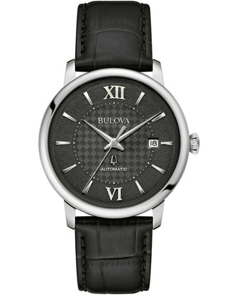 Front view of Bulova 96B441 Black Leather Unisex Watch on white background