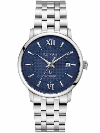 Front view of Bulova 96B447 Blue Dial Silver Stainless Steel Unisex Watch on white background