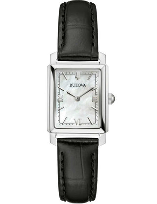 Front view of Bulova 96L330 Mother Of Pearl Dial Black Leather Womens Watch on white background