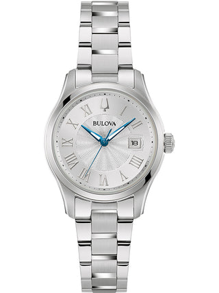 Front view of Bulova Wilton 96M162 Silver Stainless Steel Womens Watch on white background