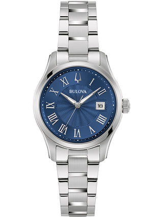 Front view of Bulova Wilton 96M163 Blue Dial Silver Stainless Steel Womens Watch on white background