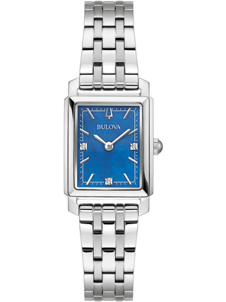 Front view of Bulova Sutton Tank 96P245 Blue Dial Silver Stainless Steel Womens Watch on white background