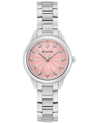 Front view of Bulova 96P249 Pink Dial Silver Stainless Steel Womens Watch on white background