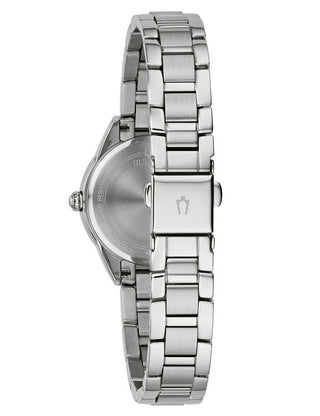 Angle shot of Bulova 96P253 Silver Stainless Steel Womens Watch on white background