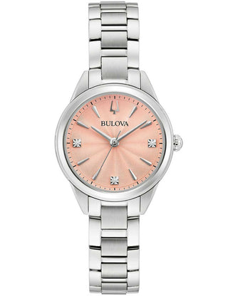 Front view of Bulova 96P254 Silver Stainless Steel Womens Watch on white background