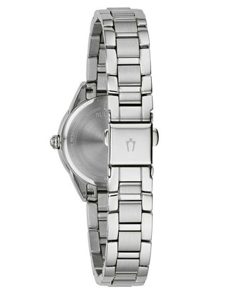 Angle shot of Bulova 96P254 Silver Stainless Steel Womens Watch on white background