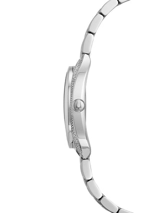 Angle shot of Bulova 96R212 Silver Stainless Steel Womens Watch on white background