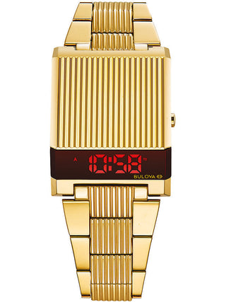 Front view of Bulova 97C110 Black Dial Gold Stainless Steel Unisex Watch on white background