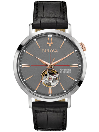 Front view of Bulova Aerojet 98A187 Grey Dial Black Leather Unisex Watch on white background