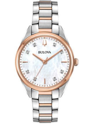 Front view of Bulova Sutton 98P183 White Dial Rose Gold Stainless Steel Womens Watch on white background