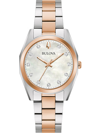 Front view of Bulova 98P207 Mother Of Pearl Dial Rose Gold Stainless Steel Womens Watch on white background