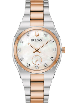 Front view of Bulova 98P221 Mother Of Pearl Dial Rose Gold Stainless Steel Womens Watch on white background