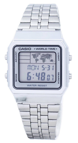 Front view of Casio World Time Silver A500WA-7DF Mens Watch on white background