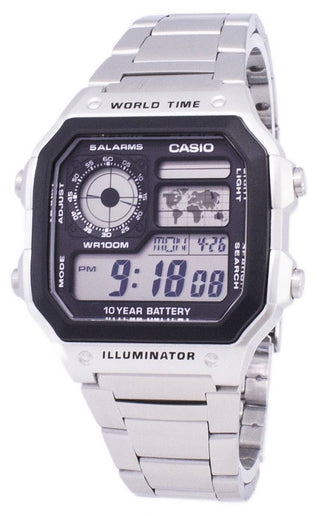 Front view of Casio World Time Illuminator 5 Alarms 10 Year Battery AE-1200WHD-1AVDF Mens Watch on white background