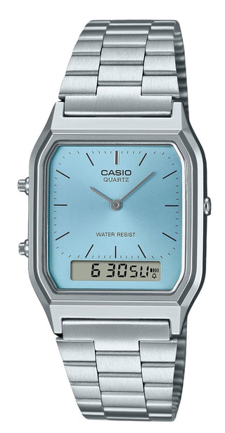 Front view of Casio Collection AQ-230A-2A1 Grey Stainless Steel Unisex Watch on white background