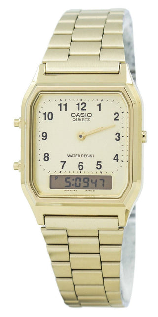 Front view of Casio Collection AQ-230GA-9B Gold Stainless Steel Unisex Watch on white background