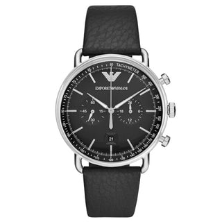 Front view of Emporio Armani Aviator Chronograph AR11143 Black Leather Mens Watch on white background