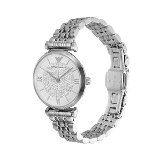 Angle shot of Emporio Armani Gianni T Bar AR1925 White Dial Silver Stainless Steel Womens Watch on white background