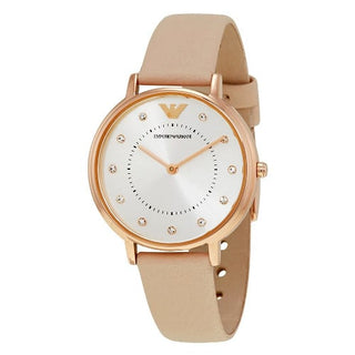 Front view of Emporio Armani Kappa AR2510 Mother Of Pearl Dial Beige Leather Womens Watch on white background