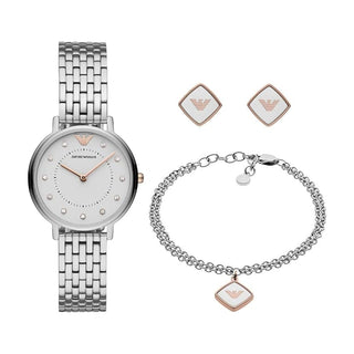 Front view of Emporio Armani Kappa Special Pack + Bracelet And Earrings AR80023 Womens Watch on white background