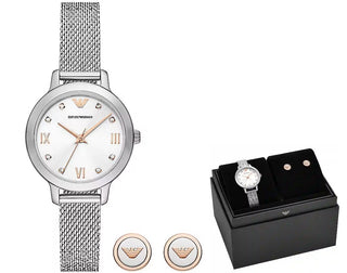 Front view of Emporio Armani Cleo Special Pack + Earrings AR80065SET Womens Watch on white background