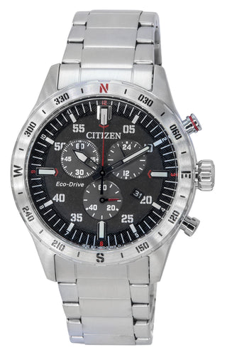 Front view of Citizen Eco-Drive Chronograph AT2520-89E Black Dial Grey Stainless Steel Mens Watch on white background