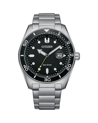 Front view of Citizen AW1760-81E Black Dial Silver Stainless Steel Unisex Watch on white background