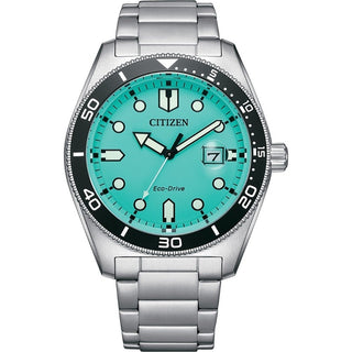 Front view of Citizen Of Collection Marine Eco Drive Aqua Blue AW1760-81W Mens Watch on white background