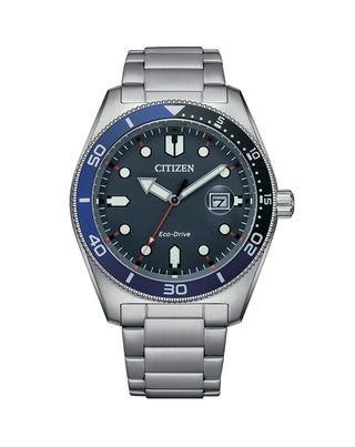 Front view of Citizen AW1761-89L Blue Dial Silver Stainless Steel Unisex Watch on white background