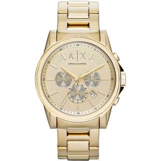 Front view of Armani Exchange Outerbanks Chronograph AX2099 Gold Stainless Steel Mens Watch on white background