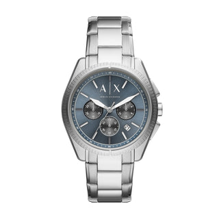 Front view of Armani Exchange Giacomo AX2850 Steel Stainless Steel Mens Watch on white background