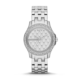 Front view of Armani Exchange AX5215 Steel Stainless Steel Womens Watch on white background