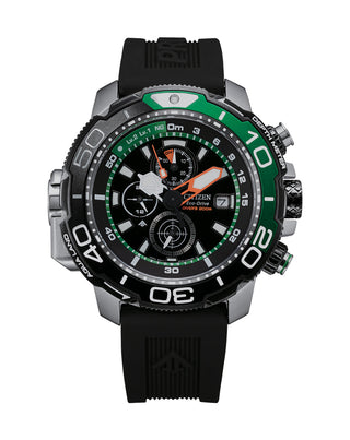 Front view of Citizen Eco-Drive Crono Aqualand Chronograph BJ2168-01E Black Rubber Mens Watch on white background