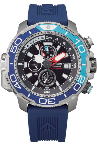 Front view of Citizen Eco-Drive Crono Aqualand Chronograph BJ2169-08E Black Dial Blue Rubber Mens Watch on white background