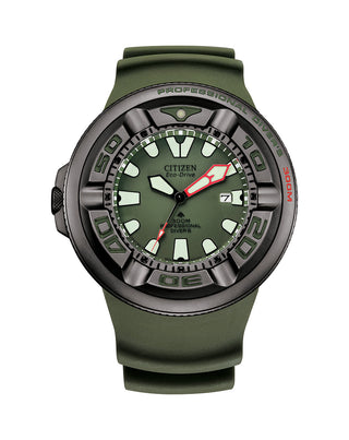 Front view of Citizen BJ8057-17X Green Silicone Unisex Watch on white background