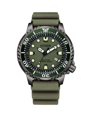 Front view of Citizen Promaster BN0157-11X Green Rubber Mens Watch on white background