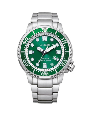 Front view of Citizen Promaster BN0158-85X Green Dial Steel Stainless Steel Mens Watch on white background