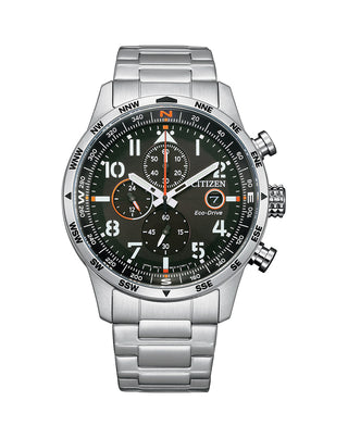 Front view of Citizen Eco-Drive Chronograph CA0790-83E Black Dial Grey Stainless Steel Mens Watch on white background