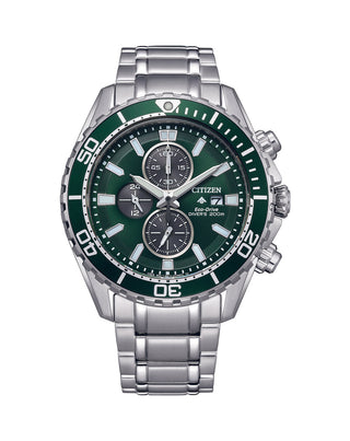 Front view of Citizen Chronograph CA0820-50X Green Dial Silver Stainless Steel Unisex Watch on white background