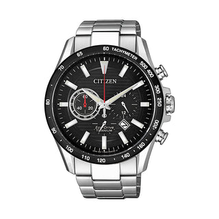 Front view of Citizen Eco-Drive Chronograph CA4444-82E Black Dial Grey Titanium Mens Watch on white background