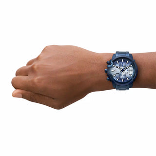 Angle shot of Diesel Griffed Chronograph DZ4596 Blue Stainless Steel Mens Watch on white background