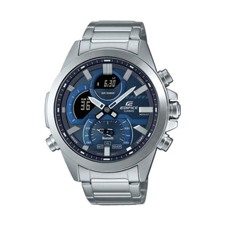 Front view of Casio Edifice ECB-30D-2AEF Blue Dial Grey Stainless Steel Mens Watch on white background