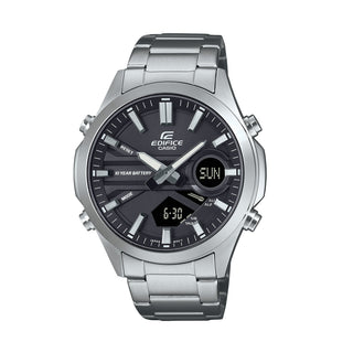 Front view of Casio Edifice EFV-C120D-1AEF Black Dial Grey Stainless Steel Mens Watch on white background