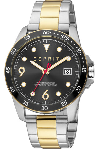 Front view of Esprit Leo II ES1G366M0045 Black Dial Gold Stainless Steel Mens Watch on white background