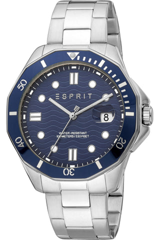 Front view of Esprit Kale ES1G367M0055 Blue Dial Grey Stainless Steel Mens Watch on white background