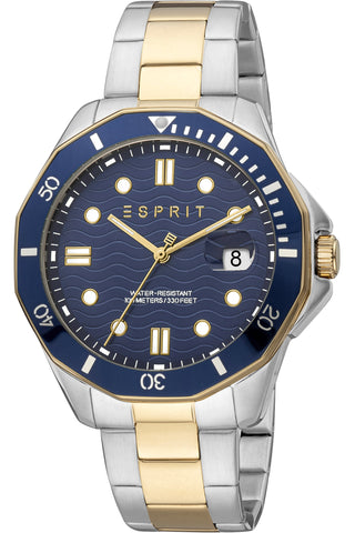 Front view of Esprit Kale ES1G367M0095 Blue Dial Gold Stainless Steel Mens Watch on white background